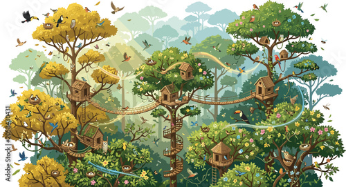 Konstfotografi Tropical rainforest jungle canopy with wooden birdhouses treehouses flying exoti