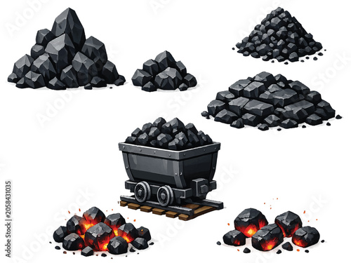  Industrial Coal Mining Vector Asset Set – Isolated Coal Rocks, Mining Cart, Mineral Piles and Burning Charcoal Elements, Clean Modern Energy Production Illustration Collection 