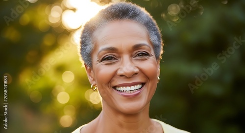 Smiling Mature Woman with Short Gray Hair in Sunlit Outdoor Garden