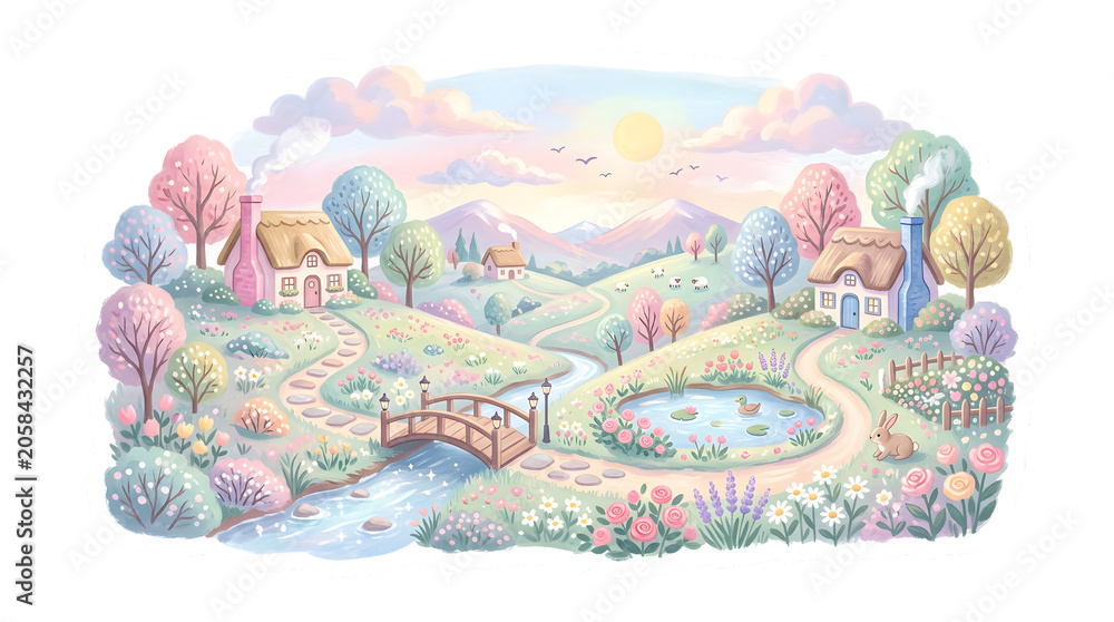 Naklejka premium idyllic village landscape with bridge and houses