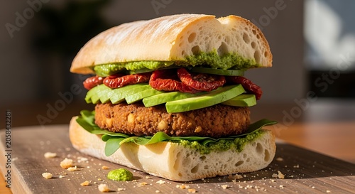 Fresh Vegetarian Ciabatta Sandwich Stacked with Avocado and Greens on Wooden Board