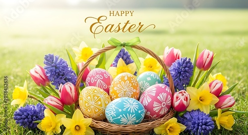 Colorful Decorated Easter Egg Basket Surrounded by Spring Flower in Sunny Grass