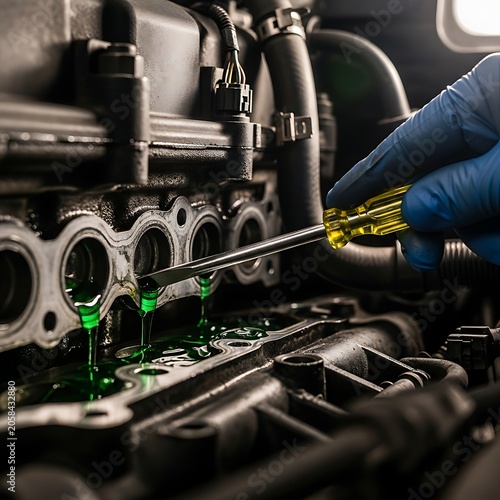 Gloved Mechanic Draining Green Engine Fluid From Car Engine in Repair Workshop