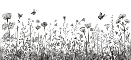 summer field with various wildflowers and tall grasses. the foreground is filled with diverse plant life, sketched