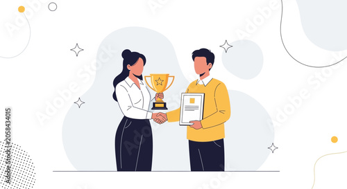 Businesswoman Awarding Trophy and Certificate to Businessman in Modern Flat Illustration Style