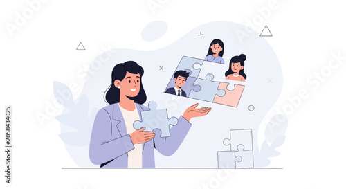Businesswoman assembling team puzzle, representing HR, recruitment, and teamwork concepts. Modern flat illustration.