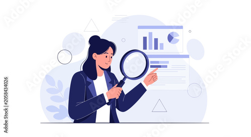 Businesswoman analyzing financial data with magnifying glass, concept of research, analytics, and growth