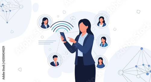Businesswoman connecting with diverse team via smartphone, network communication concept
