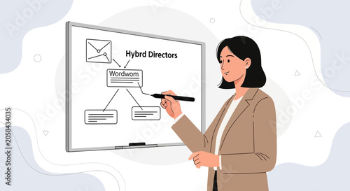 Businesswoman drawing a flowchart on a whiteboard, illustrating hybrid work structure and communication