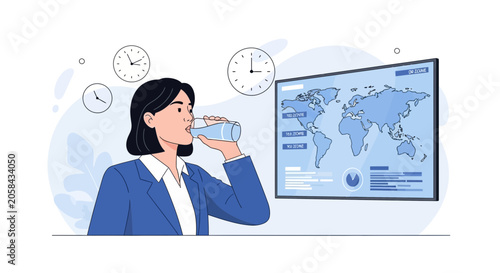 Businesswoman drinking water by world map display and clocks, concept of global business, time zones, and wellness