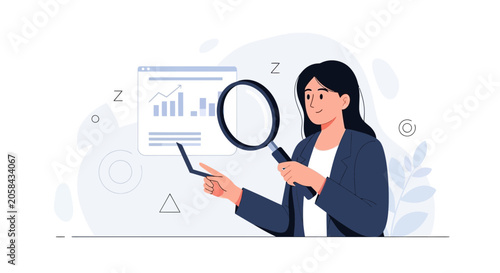 Businesswoman Examining Financial Charts with Magnifying Glass, Analytics and Research Concept