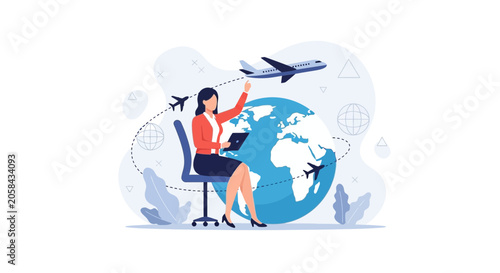 Businesswoman Managing Global Travel with Airplane Routes Around the World