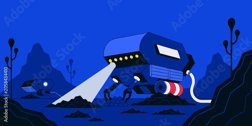 Deep sea mining vehicle exploring ocean floor with searchlight illuminating seabed in underwater extraction concept illustration