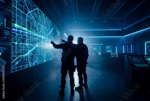 Security Operators Monitoring Smart City Map in Command Center
