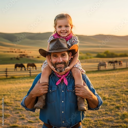 Smiling Cowboy Father Carrying Young Daughter on Shoulders in Golden Ranch Pasture