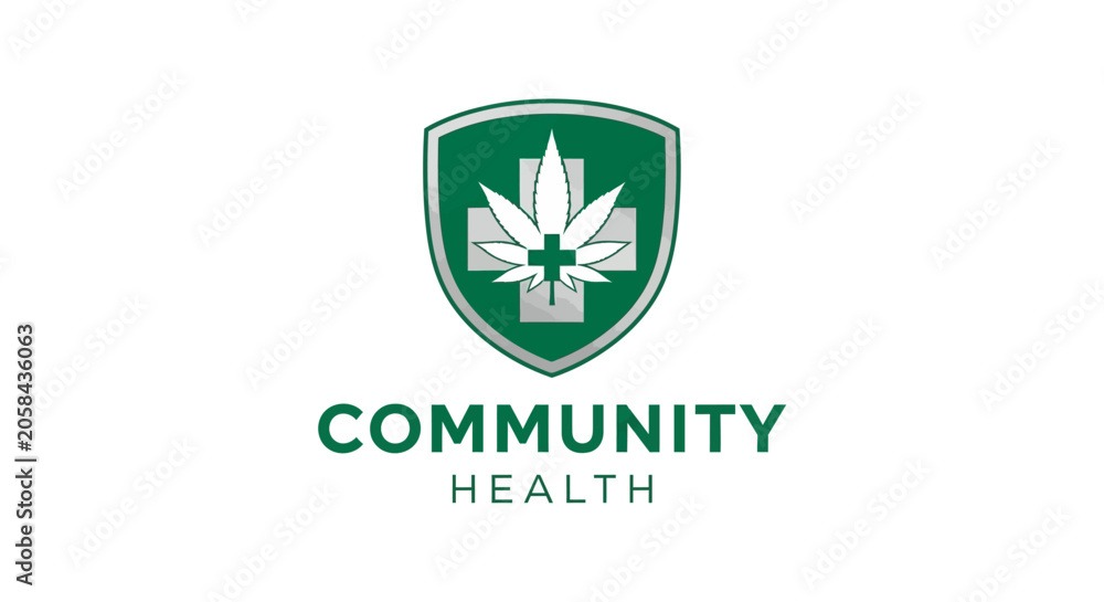 Fototapeta premium Community Health Logo Design featuring a Shield with a Cannabis Leaf and Cross Symbol