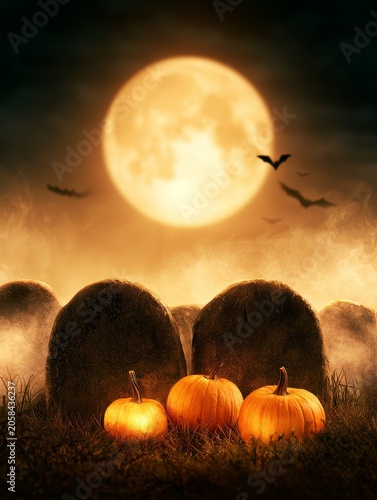 Spooky halloween background with glowing pumpkins and a full moon over gravestones halloween poster design