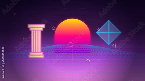 Retro Synthwave Landscape with Glowing Neon Pillar and Rotating Pyramid