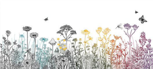 summer field with various wildflowers and tall grasses. the foreground is filled with diverse plant life, sketched