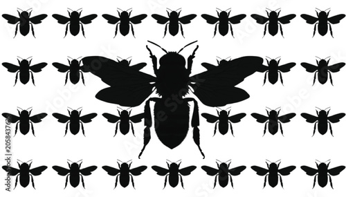 Bee silhouettes arranged in a repetitive honeycomb-inspired layout feature one large central figure surrounded by smaller insects, emphasizing themes of pollination and the collective strength of.