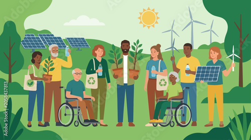 Grupo diverso de pessoas promovendo sustentabilidade e energia renovável em um ambiente verde.