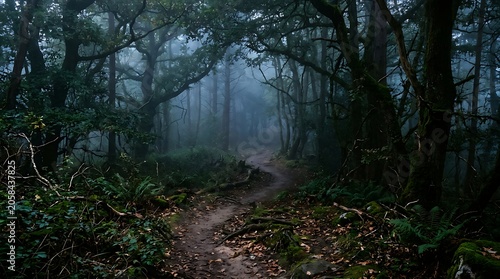 Misty Woodland Trail Winding Through Dense Dark Forest