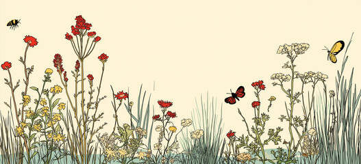 summer field with various wildflowers and tall grasses. the foreground is filled with diverse plant life, sketched