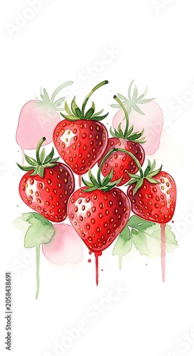 Bright Red Strawberries Arranged with Green Leaves on White Background