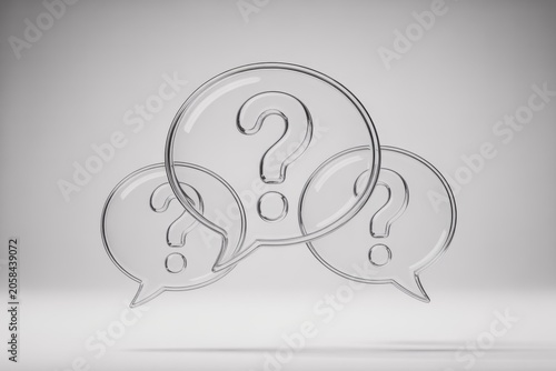 Glass speech bubbles showing question marks, communication concept