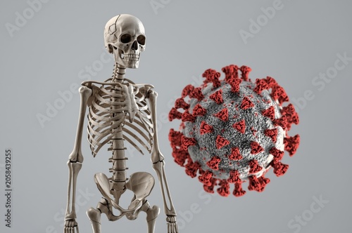 Human skeleton facing covid-19 coronavirus causing global pandemic