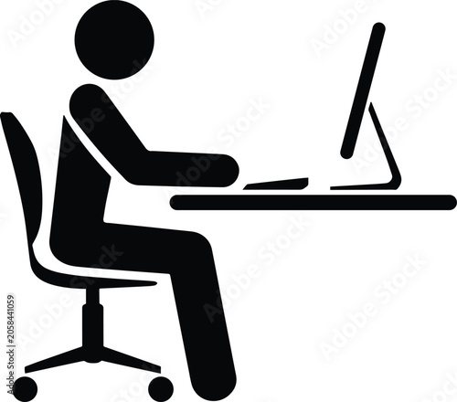 Office Worker Icon, Computer Desk Silhouette, Workplace Vector Illustration, Business Employee At Computer, Office Desk Work Silhouette Vector Design