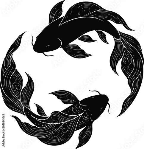 Koi Fish Circle Design, Yin Yang Fish Illustration, Japanese Style Vector, Decorative Koi Fish Round Composition, Elegant Fish Circle Vector Artwork