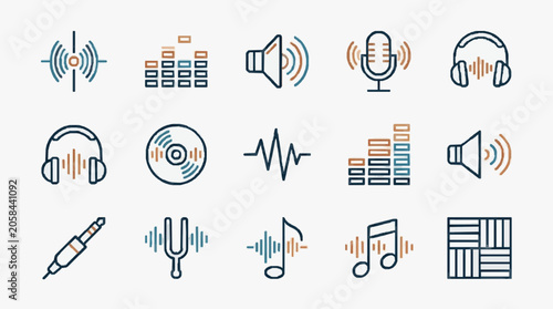 Schilderij op canvas Colorful Audio and Music Equipment Icons Set.