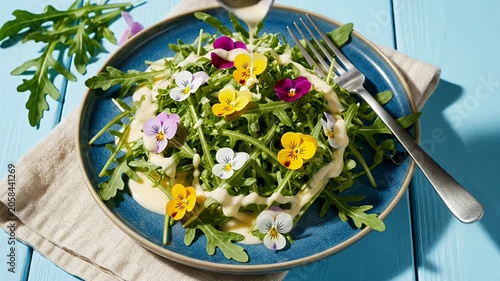 Arugula salad topped with colorful edible pansy flowers.