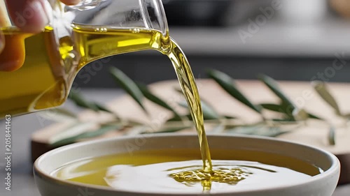 Chef pouring olive oil from glass carafe into bowl.