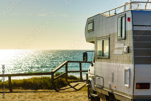 Camper rv camping on sea shore, Spain