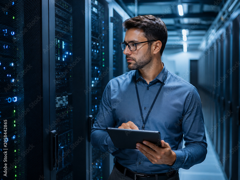 Fototapeta premium IT technician monitoring servers in modern data center