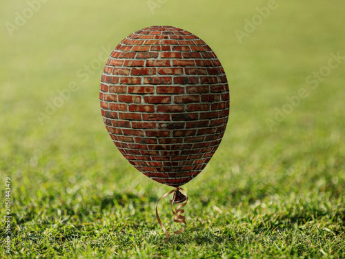 Surreal concept of a heavy brick balloon floating in a green field, representing impossible ideas and heavy burdens. Generative AI.