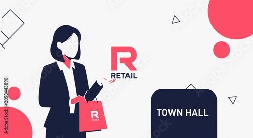 Retail Town Hall Meeting: Business Woman with Shopping Bag and Logo