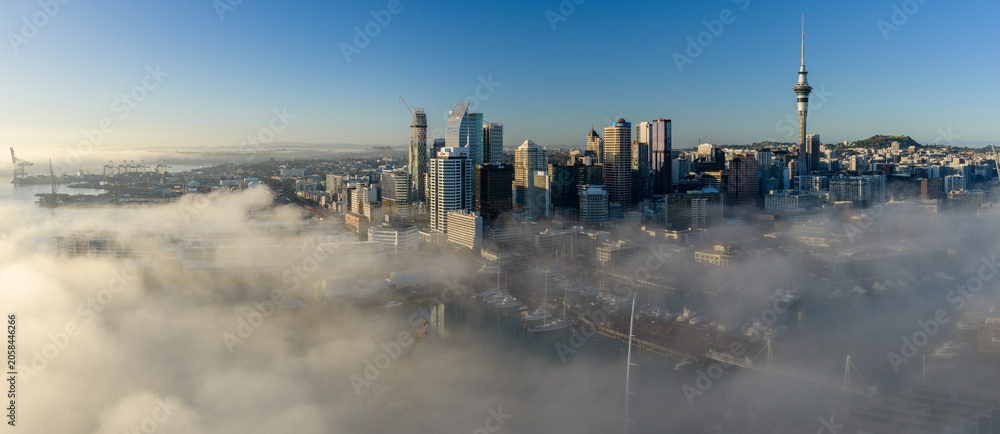 Obraz premium Auckland, New Zealand - Early morning fog blankets the city skyline and harbor, revealing the Sky Tower and surrounding skyscrapers.