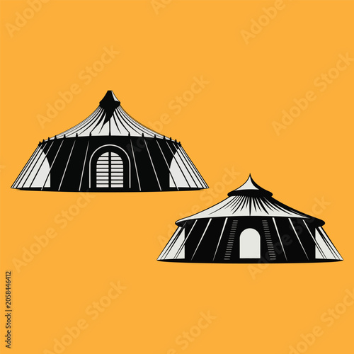 Traditional Central Asian Nomadic Yurt Tent Illustration Black and White Style on Bright Orange Background
