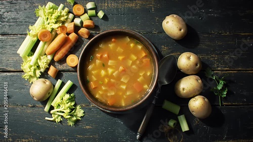Vegetable soup bowl with raw ingredients on dark wood.