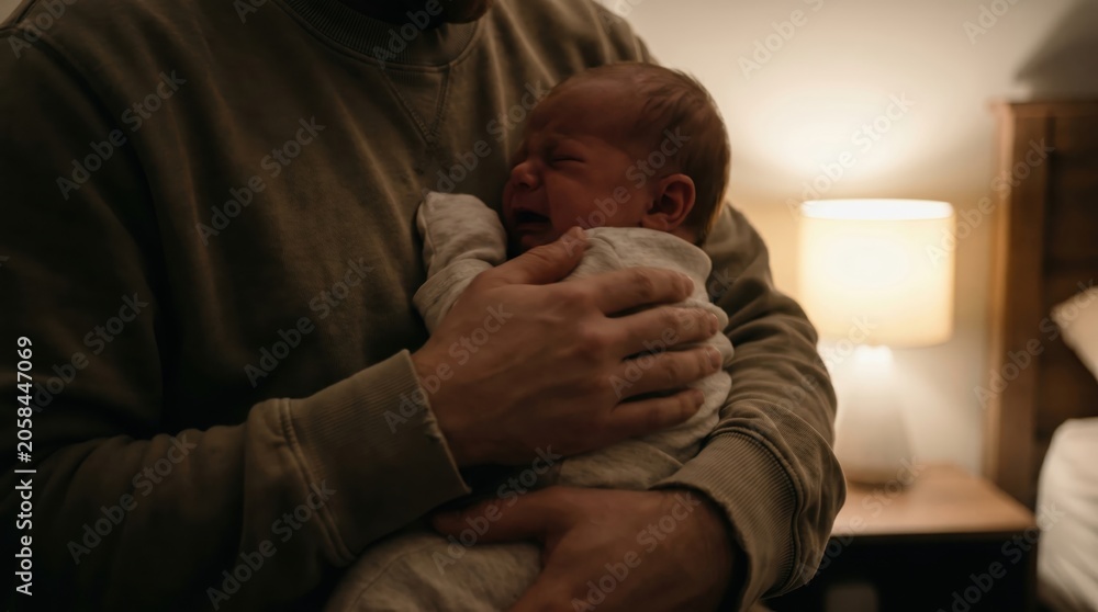 Fototapeta premium Newborn baby crying in father's arms at home during nighttime.