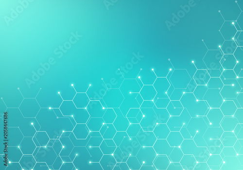 Genetic engineering and molecular structure, hexagon DNA network, science chemical and biotechnology concept, innovation technology, healthcare, and medicine design.