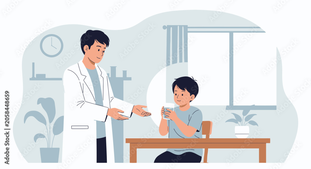 Fototapeta premium Doctor Advising Young Patient Sitting at Desk in Clinic Room