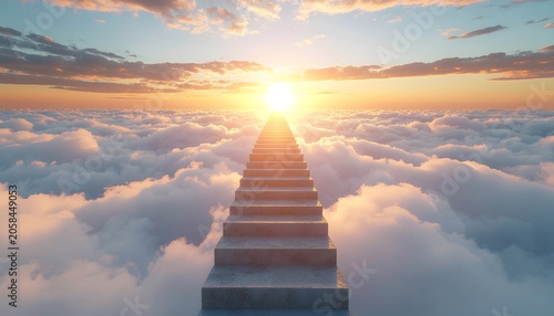 Long stone staircase rising up high above fluffy white clouds leading directly towards a bright golden sun at sunrise, concept of success, afterlife, hope, and achievement
