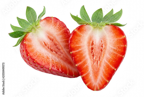 Billede på lærred Two Fresh Strawberry Halves with Green Leaves
