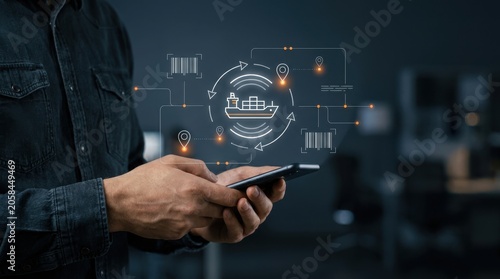 Bild auf Leinwand Businessman manages global maritime shipping logistics using a futuristic smartphone