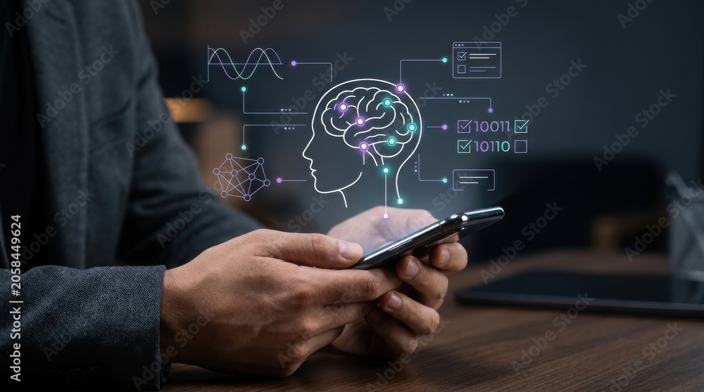 Obraz premium Businessman using a smartphone displaying a glowing AI brain and data analysis icons Wallpaper Background image