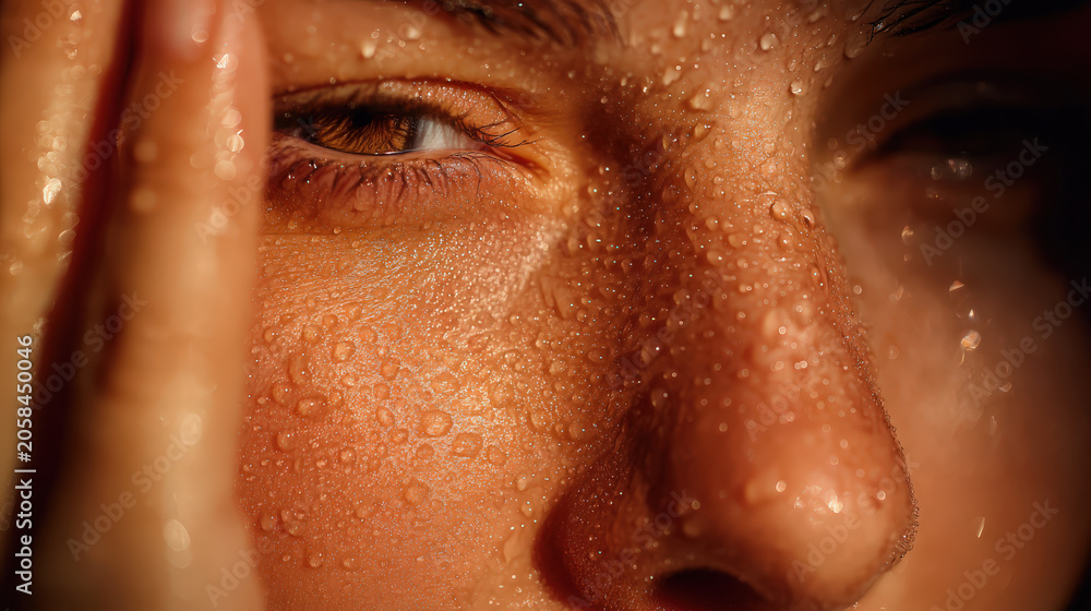 Fototapeta premium Close-up of a woman's face covered in sweat, showing the texture of water droplets on skin and expressing the feeling of heat and exertion.